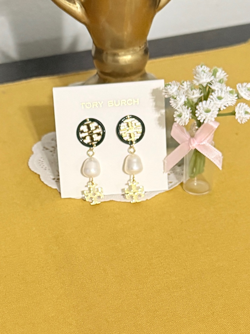 Tory Burch Roxanne Pearl & Logo Drop Earrings New